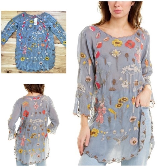 NWT Johnny Was Tiana Floral Sunflower Embroidered Scalloped Hem Tunic Blouse S‌‍